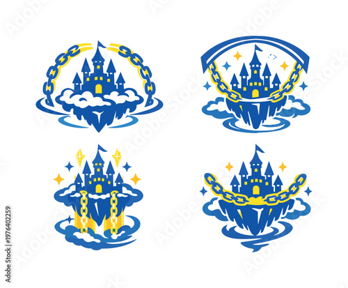 Two-Color vector icons of a mythical suspended citadel bound by enchanted chains (whimsical shift): spellbound castle, glowing