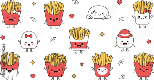 Cute french fries characters seamless pattern with kawaii food mascots smiling cartoon snack vector illustration