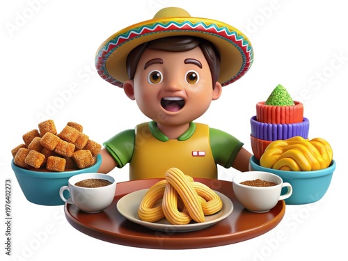 3D Animation of a Boy with a Sombrero and Food