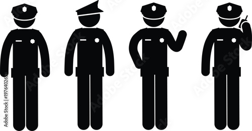 Multiple black police officer silhouettes showing different stances for law enforcement icon graphic designs