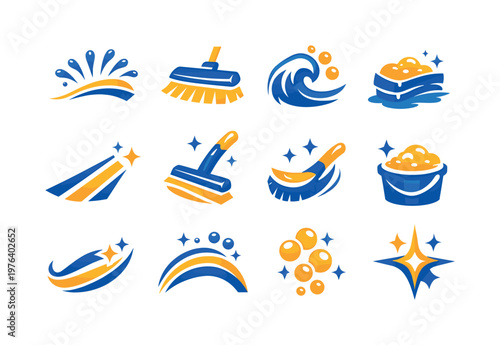 Two-Color vector icons of uplifting clean energy: rising spray arc, elevated mop band, upward foam curl, buoyant sponge crest;
