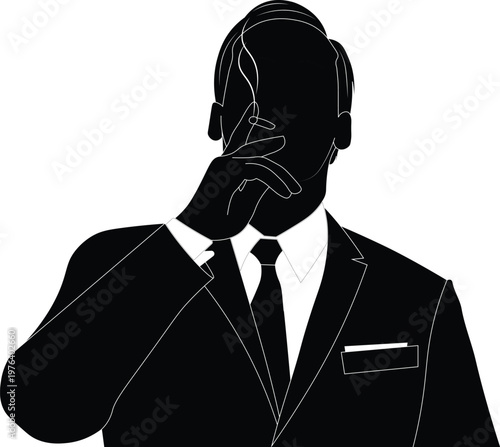 Silhouette vector of a confident business man in a suit smoking a cigarette with his head held high. Businessman smoking. 