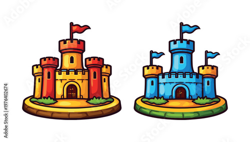 Two-Color vector icons of a grounded castle with no lift (antonymic to floating architecture): stable walls, base ring, firm