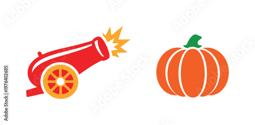 Two-Color vector icons of simple firing silhouette: plain cannon arc, minimal wheel outline, basic pumpkin sphere, soft rib hint;
