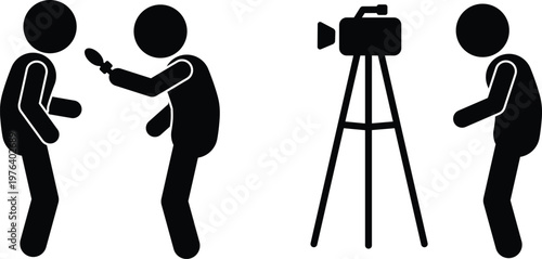 Black stick figures illustrate a journalist interviewing a person with a video camera