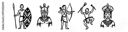 Set of black and white line art illustrations depicting African tribal figures, including a warrior, archer, dancer, and portraits featuring traditional masks, headdresses, and ritual objects.