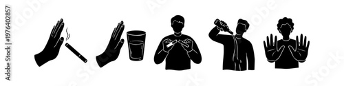 Silhouette icons depicting a journey to quit smoking and drinking, featuring stop hand gestures, breaking cigarettes, and pouring out alcohol to promote a healthy lifestyle and addiction recovery.