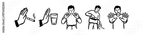 Hand-drawn line art illustrations depicting addiction recovery, quitting smoking, and stopping drinking. Minimalist sketches of healthy choices, willpower, and saying no to bad habits.