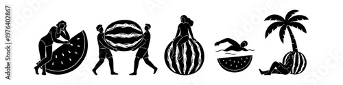 Set of minimalist silhouettes depicting people interacting with oversized watermelons in playful summer scenes. Conceptual vector illustration for seasonal themes, health, and vacation fun.