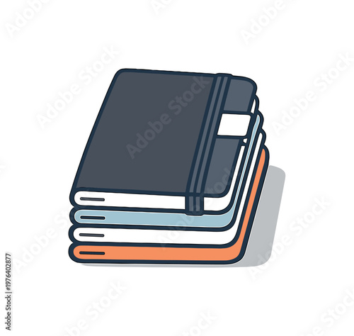 Neat pile of pocket notebooks with one elastic strap and a small paper tab, positioned in the right third leaving generous