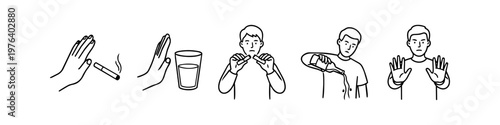 Line art illustration set depicting refusal of bad habits like smoking and alcohol. Concepts of quitting addiction, healthy lifestyle, and recovery in simple minimalist black and white icons.