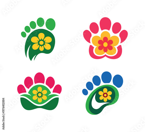 Mythical Floral Tracks. Two-Color vector icons of mythical track bloom: cryptid foot arc, petal-core pad, curved toe bloom, gentle