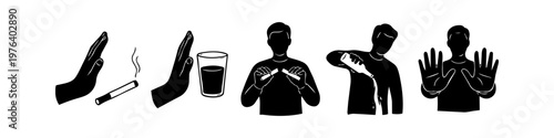 Set of black and white icons representing quitting bad habits like smoking and alcohol consumption, promoting a healthy lifestyle and sobriety through various gestures and actions.