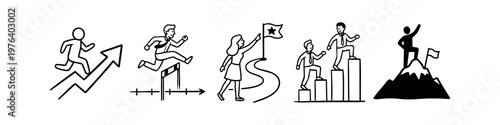 Hand-drawn business icons illustrating success and career growth. Features figures overcoming hurdles, climbing charts, and reaching mountain peaks. Perfect for motivational and goal concepts.