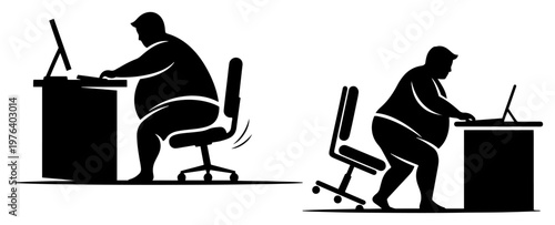 Obese man working at office desk computer silhouette vector
