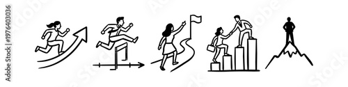 Set of business growth and career development icons in a hand-drawn line art style, showing progress, overcoming obstacles, teamwork, goal setting, and reaching the peak of success.