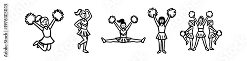 Set of minimalist cheerleader line art illustrations featuring girls jumping, dancing, and doing splits. Energetic black and white icons for school spirit, sports, and team celebration themes.