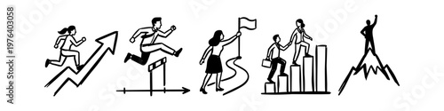 A minimalist hand-drawn business concept series showing growth, overcoming obstacles, goal setting, teamwork, and reaching the peak of success on a white background.