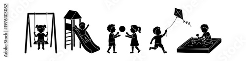 Black silhouette collection of children playing at a playground with a swing, slide, ball, kite, and sandbox. Ideal for school, park, and childhood-themed designs.