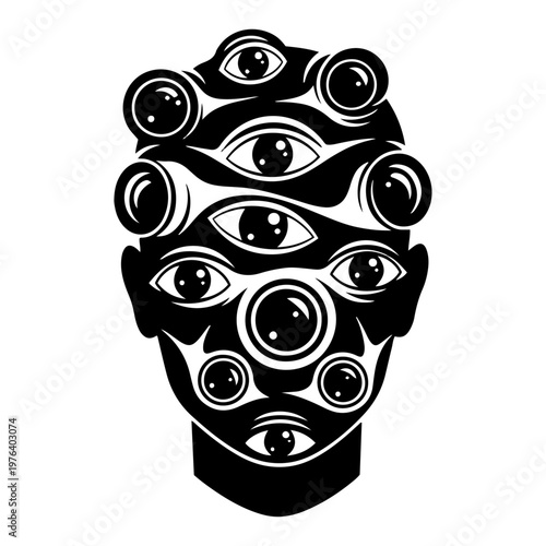 Surreal face covered in many human eyes symbolizing surveillance and hyper awareness in black and white vector style