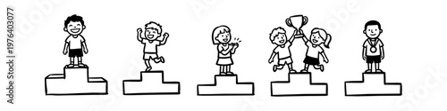 Set of hand-drawn illustrations of happy children celebrating on winner's podiums with a trophy and medal. Minimalist black and white line art depicting success and achievement in youth sports.