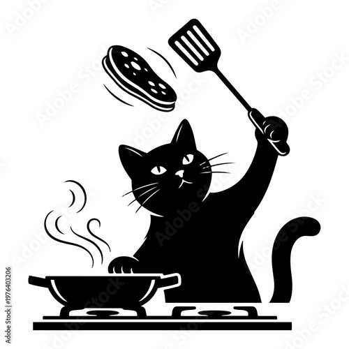 Cat chef flipping burger patty in frying pan with spatula in minimalist vector style
