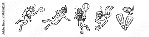 Set of line art illustrations featuring scuba divers and snorkelers exploring the ocean with masks, fins, and underwater cameras. Includes marine life elements like fish and starfish.