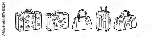 Hand-drawn vector set of various travel bags and suitcases with stickers. Includes vintage luggage, modern trolley, handbag, and duffel bag. Sketch doodle style on white background.
