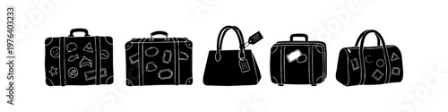 Set of hand-drawn black silhouettes of various travel bags and vintage suitcases with stickers. Isolated luggage icons for vacation and travel concepts on white background.