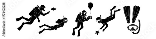 Collection of scuba diving and snorkeling silhouettes, featuring divers, fish, equipment like fins and masks, and underwater photography. Ideal for travel and ocean sports themes.