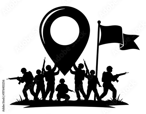 Soldiers silhouettes holding large location map pin icon and flag on battlefield vector