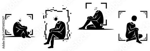 Lonely figures with glitch effects and digital distortion in sitting poses vector