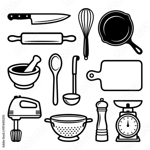 Kitchen tools set, professional chef utensils in bold black line art on white background