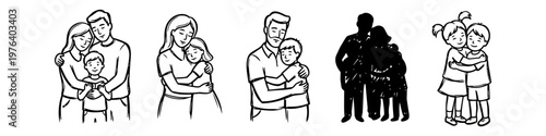 Set of minimalist line art illustrations depicting family members hugging, including parents with children and siblings, expressing love, affection, and togetherness in a hand-drawn sketch style.