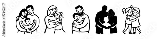 Set of minimalist line art illustrations featuring heartwarming family hugs. Sketches of parents and children showing affection, love, and bonding in a simple, hand-drawn doodle style.