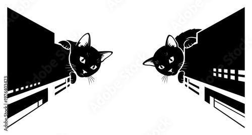 Giant cat peering over building rooftops in urban landscape perspective in black and white vector style