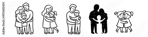 Collection of hand-drawn line art icons showing family members hugging. Features parents with kids and siblings, expressing love and connection in a minimalist doodle style.