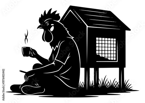 Rooster leaning against chicken coop drinking coffee and smoking in minimalist vector style