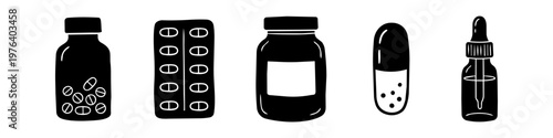 Hand-drawn medical icon set with pill bottles, blister pack, capsule, and dropper bottle. Minimalist black and white medicine doodle illustrations for pharmacy and healthcare design.