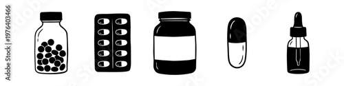 Set of hand-drawn medical icons featuring medicine bottles, capsules, blister packs, and a dropper. Black and white minimalist pharmaceutical illustrations for healthcare and wellness design.