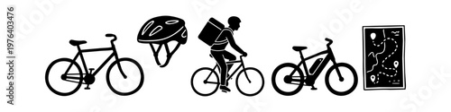 Set of cycling and urban mobility icons featuring a road bike, electric bicycle, delivery courier, safety helmet, and navigation map. Minimalist black silhouettes for clean design.
