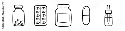 Hand-drawn medicine icons set including pill bottles, blister pack, capsule, and dropper bottle. Minimalist black line art doodles for pharmacy, healthcare, and medical concepts.