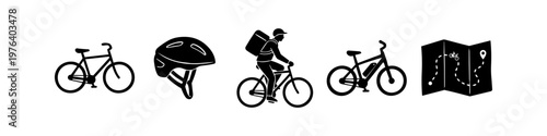 Set of black vector icons related to cycling and bike delivery, including a bicycle, helmet, courier riding a bike, e-bike, and a navigation map. Isolated on a white background.