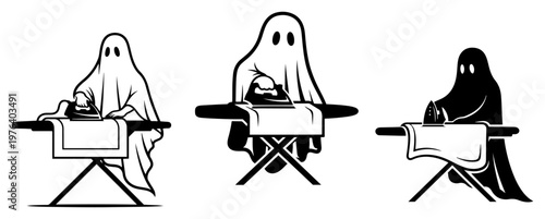 Ghosts in white sheets ironing laundry at boards in minimalist vector style