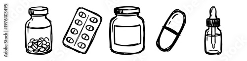 Hand-drawn set of medical icons including pill bottles, a blister pack, a capsule, and a dropper bottle. Black and white doodle style illustration for healthcare and pharmacy concepts.