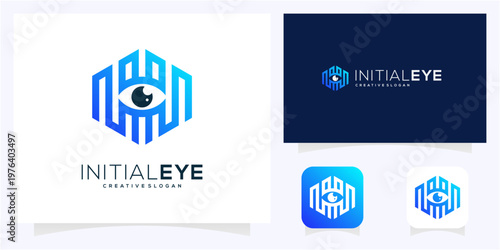 Letter M and H with Eye vision logo dsign icon vector symbol.