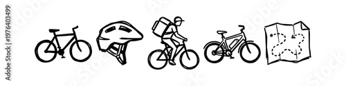 Hand-drawn doodle icons for cycling and delivery: bicycles, helmet, courier with backpack, and map. Minimalist black line art for urban transport and eco-friendly delivery services.