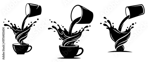 Coffee pouring into cup with liquid splash and swirl effect in black and white vector style