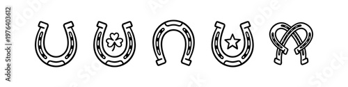 Set of horseshoe line art icons featuring classic lucky symbols like a shamrock, star, and heart. Minimalist vector illustration representing good fortune, equestrian life, and protection.