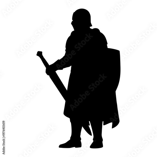 Armored knight silhouette standing with sword and shield